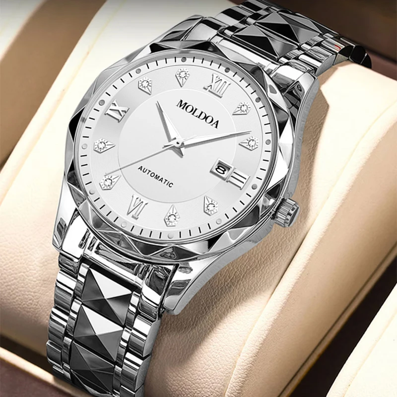 

Мужские элегантные деловые кварцевые часы с серебряным стальным ремешком и призматической кромкой и датой