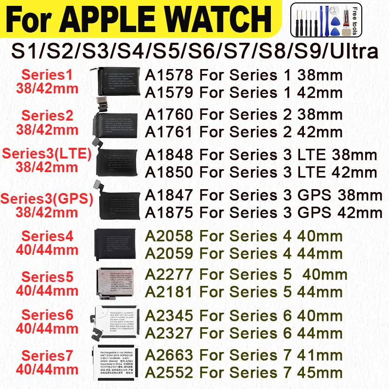

A2663 A2810 A2815 A2721 A3009 A2954 A2956 A2749 Battery For Apple Watch Series 1 2 3 4 5 6 7 8 9 SE2 Ultra/Ultra2 40/41/45/49mm