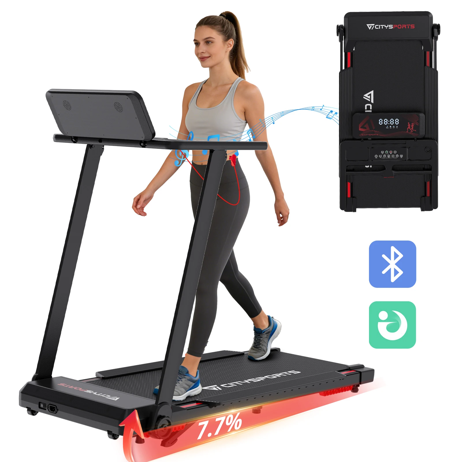 Tapis roulant CITYSPORTS PRO, tapis roulant électrique, tapis roulant avec inclinaison de 7,7 %, tapis roulant pliable avec application et Bluetooth, moteur puissant de 1400 W, 2,0 CV, 8 km/h, appareil de fitness à domicile