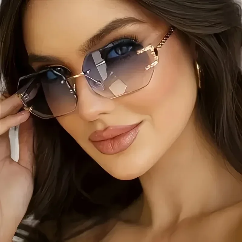 

Vintage Rimless Sunglasses Women Men Brand Designer Polygon Sun Glasses Female Trendy Rectangle Cutting Len Shades Eyewear UV400