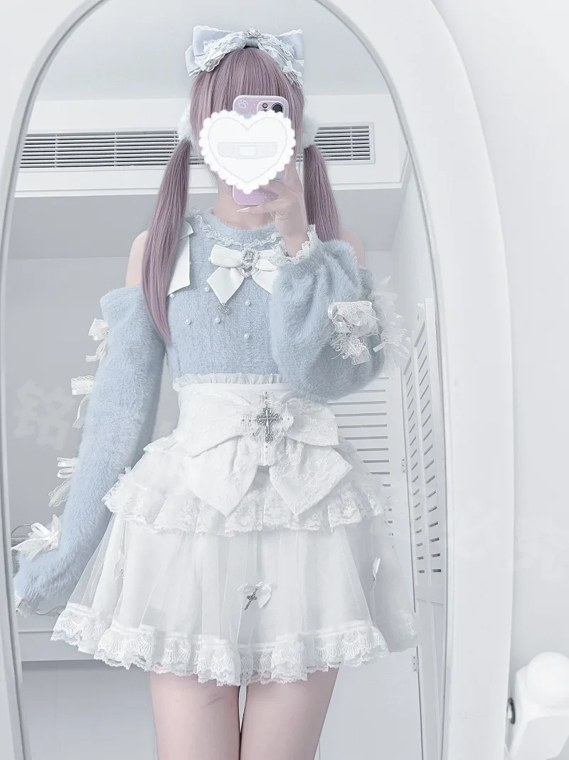 Y2K 서브컬쳐 레이스 로리타 스타일 신상 가을 겨울 블랙 워터컬러 숏 스웨터 재킷 하이웨이스트 스커트 투피스 세트 여성용