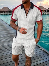 Conjunto de Polo con estampado 3D Vintage para hombre, conjunto de Polo con cremallera y solapa, cuello con cremallera y pantalones cortos, 2 piezas, Estilo Hawaiano para vacaciones