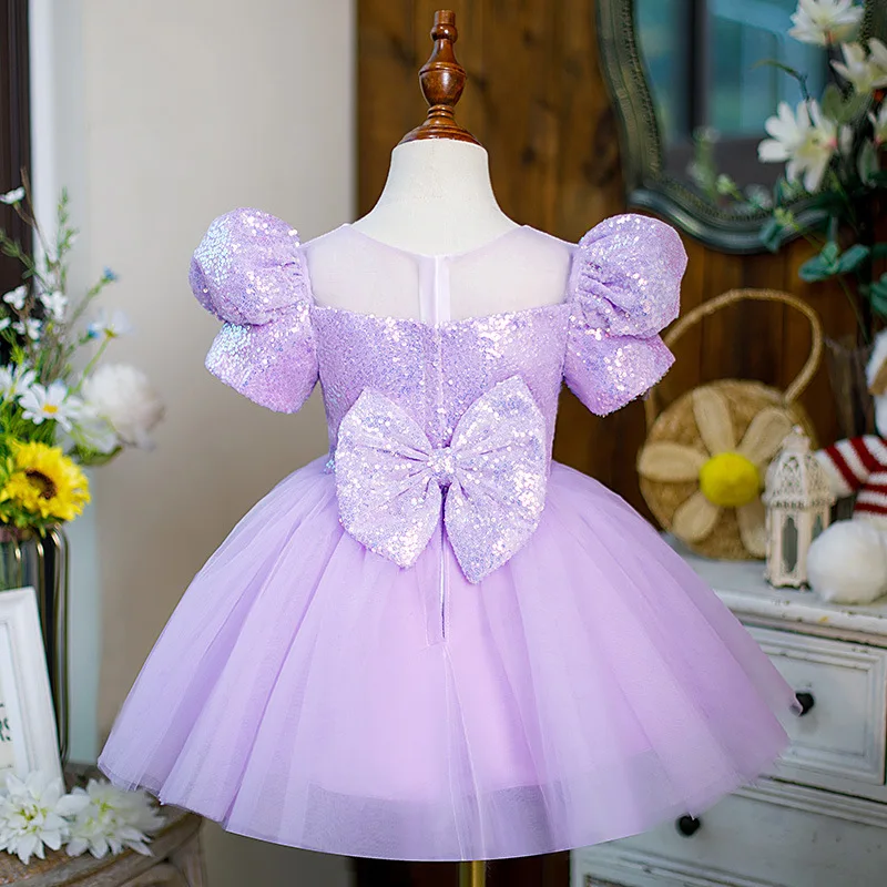 Elegant เลื่อมเด็กวันเกิดชุด O-Neck Bow Ball Gown ดอกไม้สาวชุด 2024 พัฟชุดเจ้าหญิงสาว