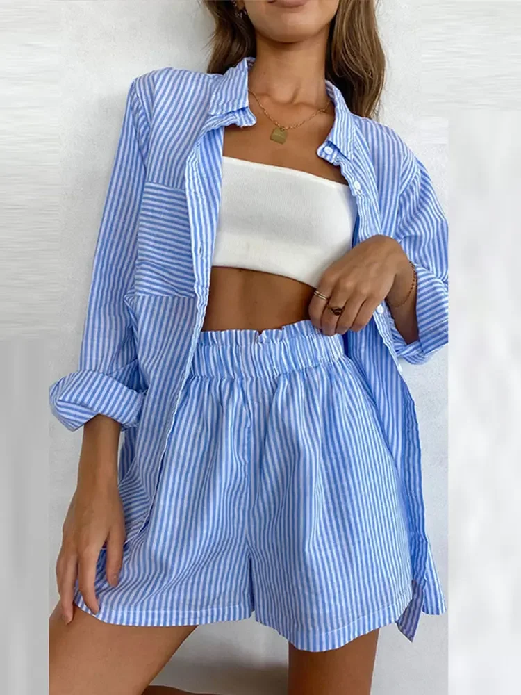 Stripe Cotton Linen Print Two Piece Sets Summer Loose Single Breasted Turn-down Collar Suits New Casual Comfortable Home Outfits