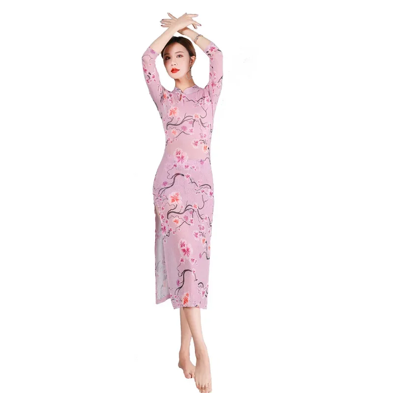 Classical dance practice suit, body rhyme, long gauze robe, elegant Chinese style, elegant performance suit, top, women's qipao