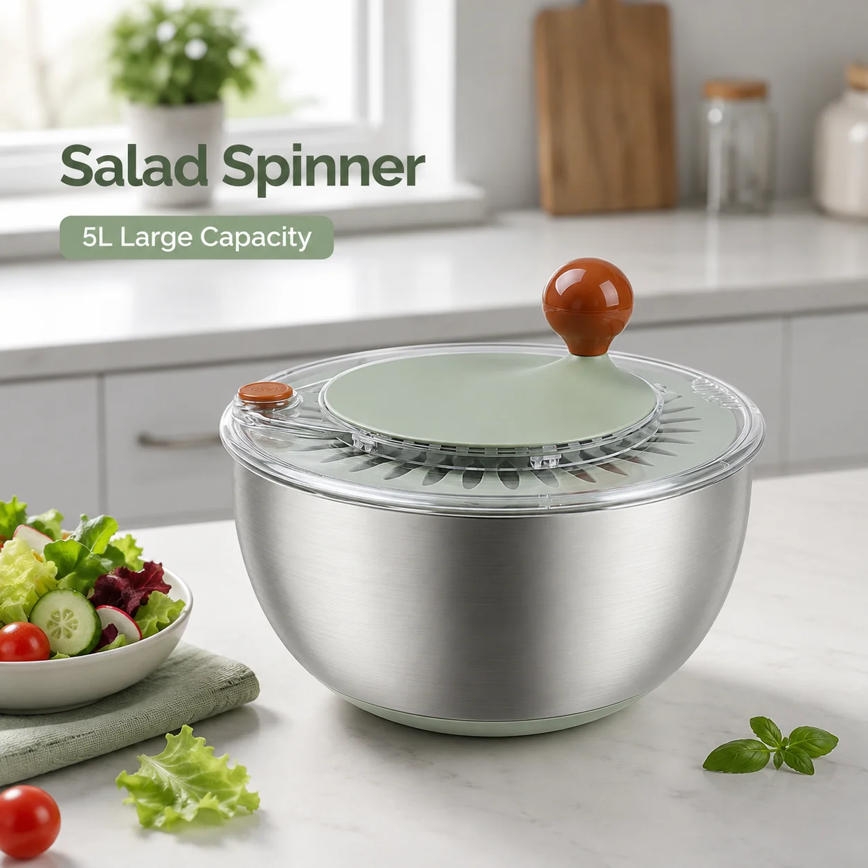 5L Salatschleuder aus Edelstahl 304 mit Deckel, Stoppknopf und rutschfester Basis für Salat, Obst und Gemüse
