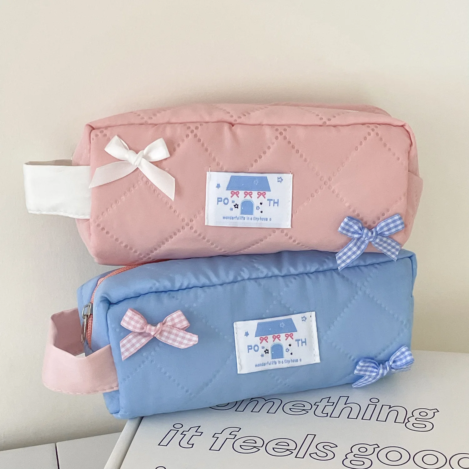 Kawaii Cute Bow astuccio trapuntato ragazza borsa portaoggetti di grande capacità borsa per cancelleria per studenti borsa per il trucco da viaggio