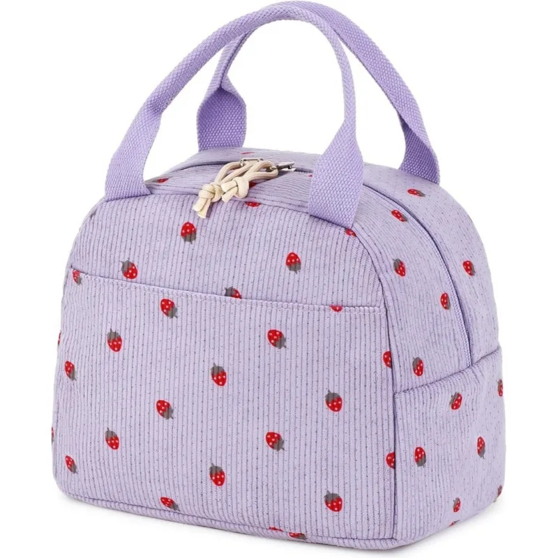 Niedliche Cord-Lunchtasche für Frauen, Isolierte Wiederverwendbare Lunch-Tasche mit Erdbeer-Print, Tragbare Thermische Mahlzeiten-Vorbereitungstasche für Picknicks – Detail 8