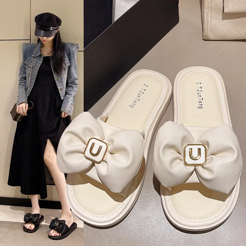 2024 Summer New Women Fresh Light Sense of Square Buckle Bow Sandals Simple Outside Wear Flip-flops Explosion Buy Slippers