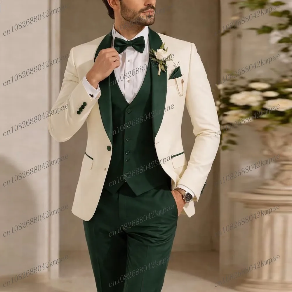 New Ivory And Dark Green Formal Men Suit Groom Groomsman Wedding Party Prom Business Male Tuxedos 3 Piece Set Blazer Vest Pants