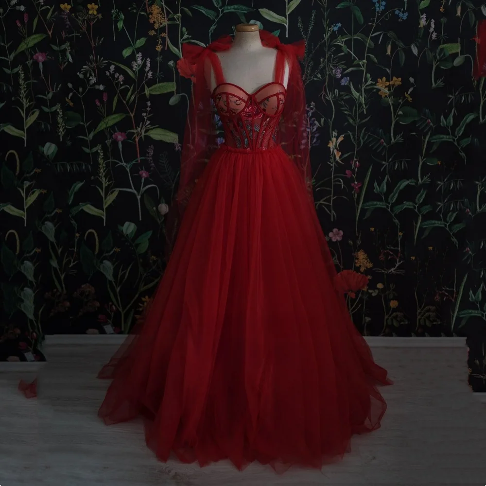 Robe de Rhen tulle Annie Red Sweetheart, nœud avec corsage appliqué, ligne A, robe de soirée de mariage