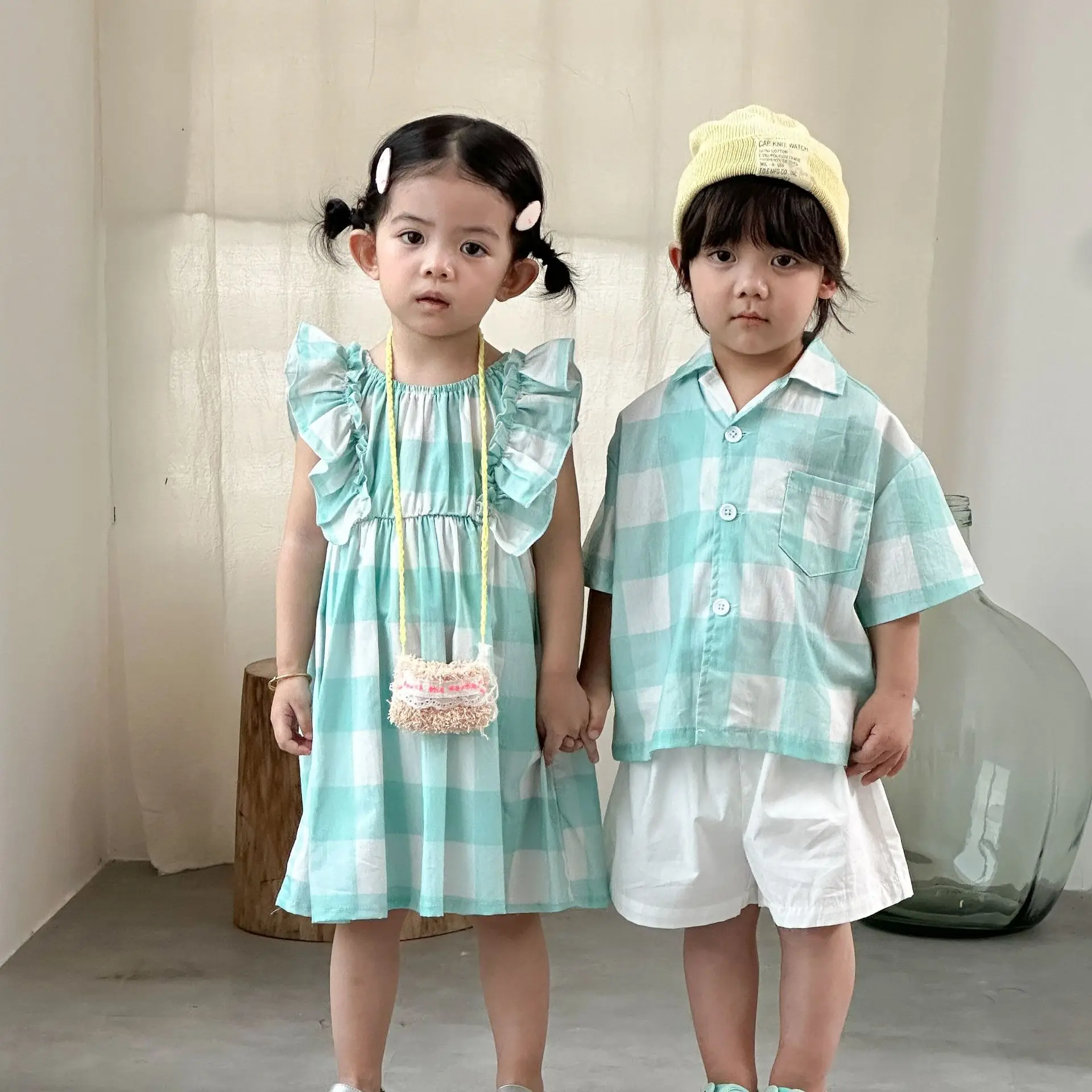 RAISE Summer Siblings Matching Sets Muslin Green Plaid Kids Boy Shirts Shorts Outfits Thin Fly Sleeve Ruched Children Girl Dress