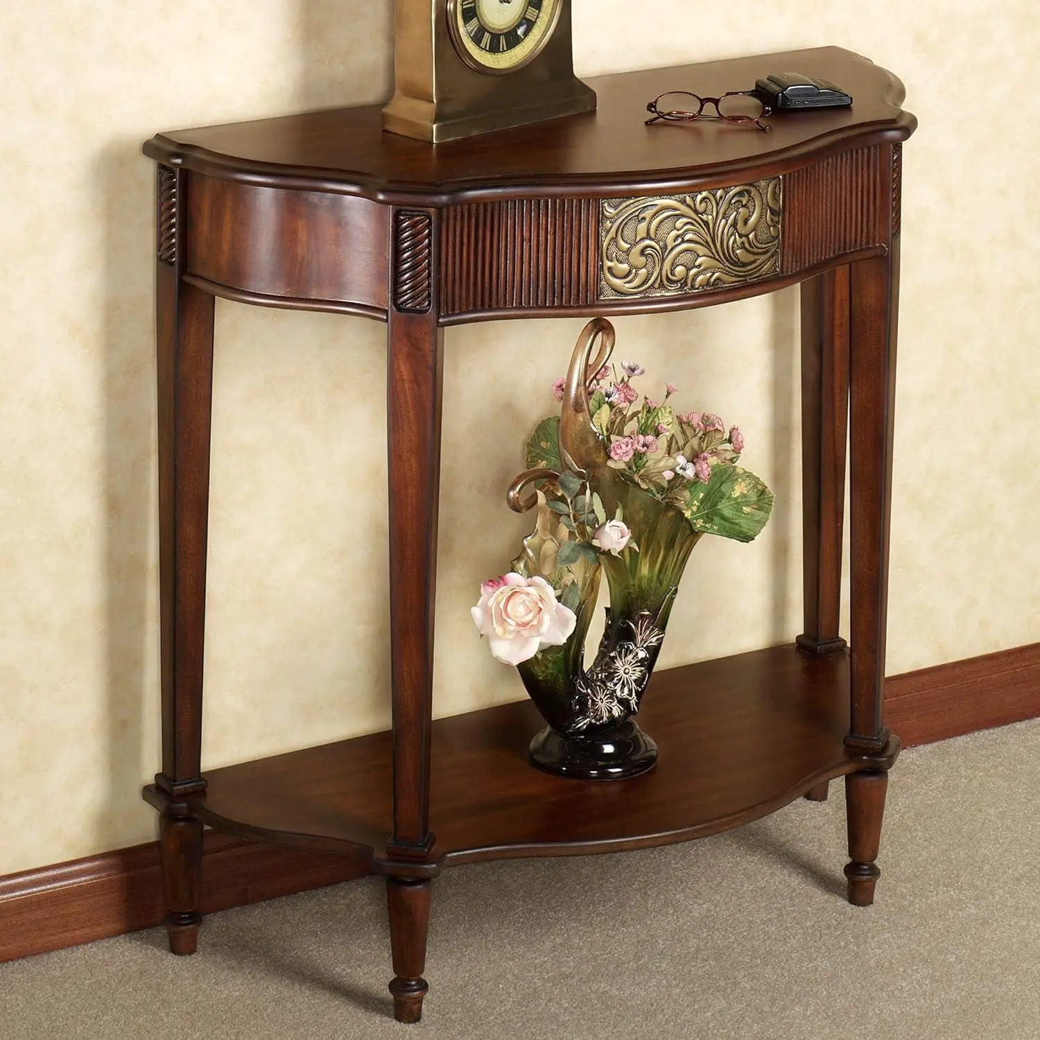 

Sarantino Wooden Console Table - Natural Cherry with Aged Gold Details - Traditional Decorative Regal Furniture Half Circle Mo
