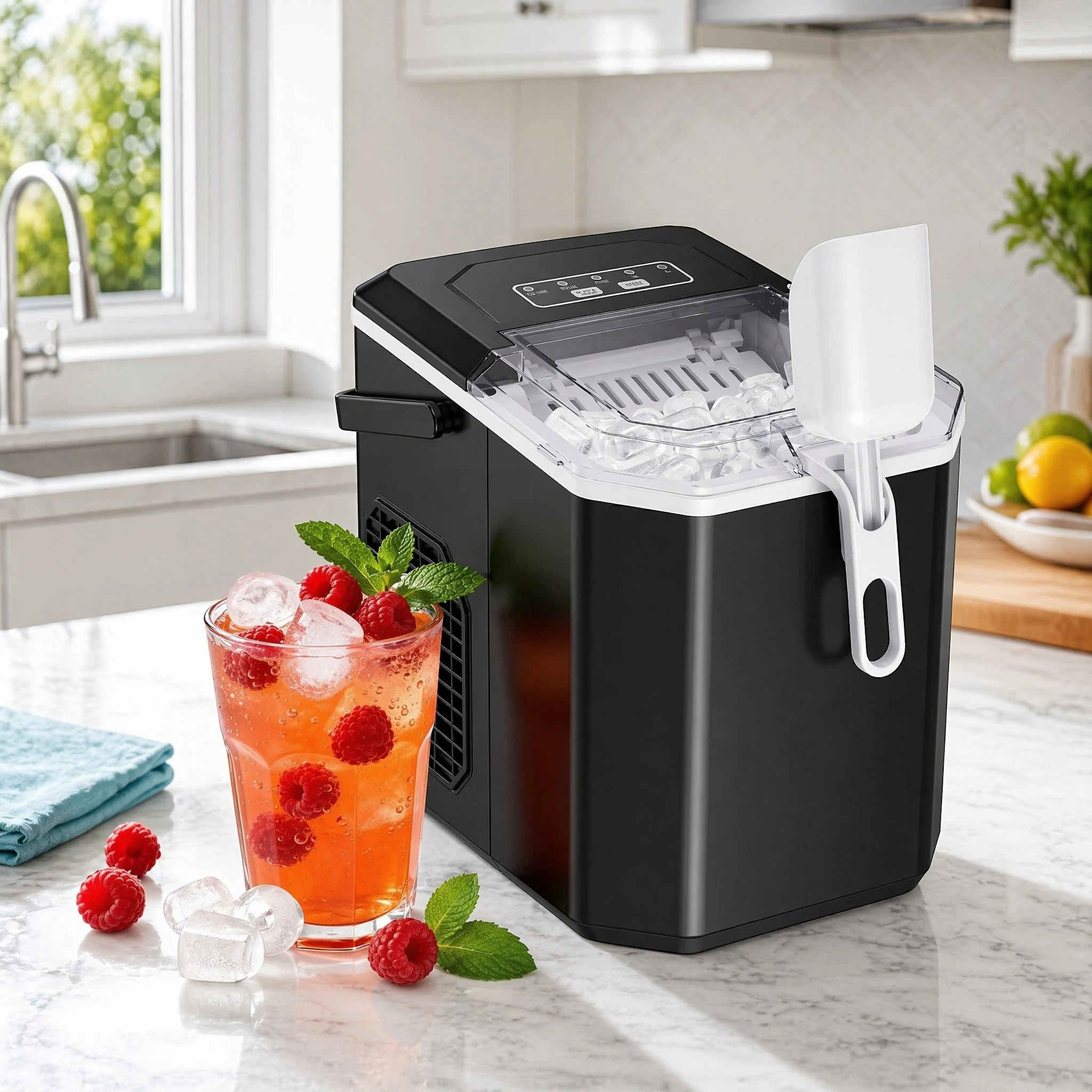 Ice Pick Pick - ハンドル付き卓上製氷機、24時間で26ポンド、6分で9個の氷が完成、バスケットとスクープ付きセルフクリーニング機能搭載、家庭、キッチン、キャンプ、RVに最適