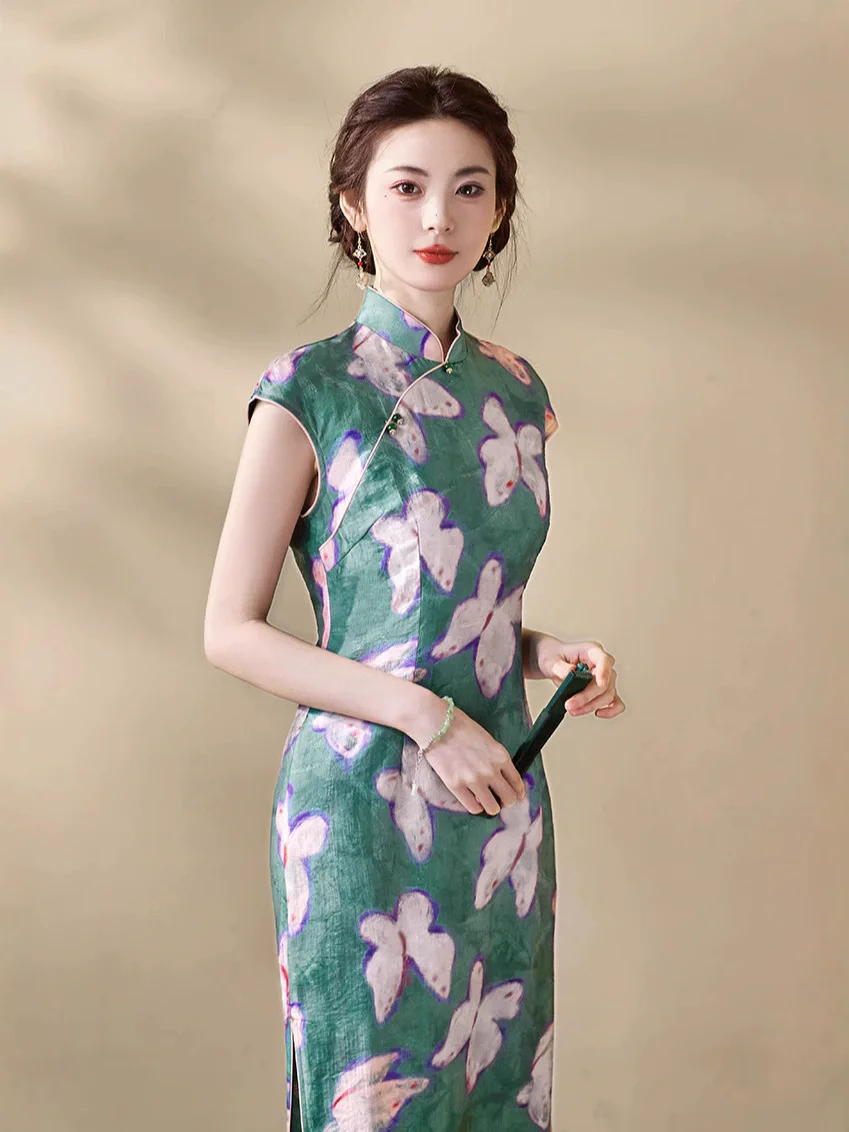 

Улучшенное платье Cheongsam в китайском стиле с 3D принтом 2025, зеленое новое платье в китайском стиле Qipao