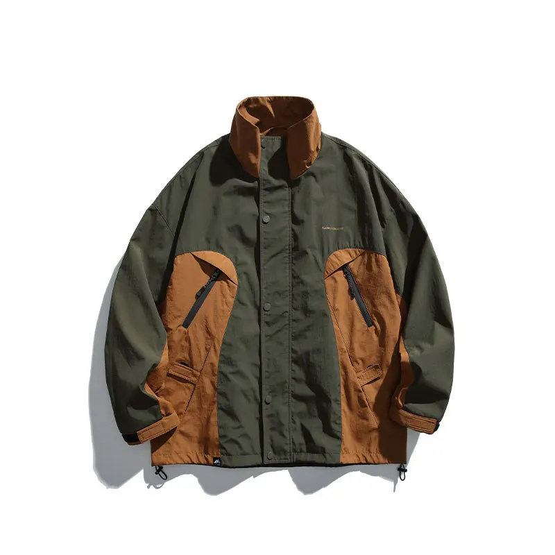 American Trendy Brand Mens Jacket Streetwear Contrasting Colors Splicing Stand Collar Outdoor Work Clothes Coat Comfortable