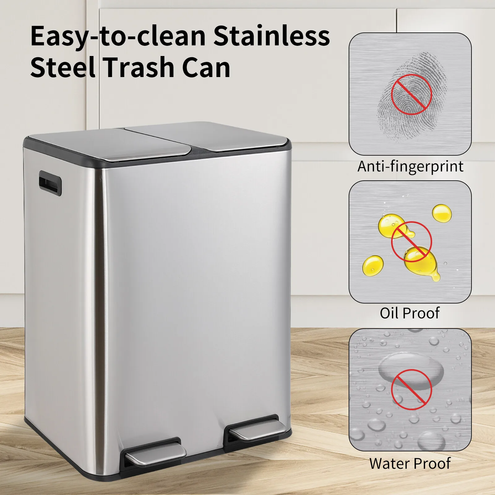 Dual Trash Can Stainless Steel Step Garbage Can 60L/16 Gal w/Built-in Filter Box Kitchen Garbage Bin Recycle Waste Dustbin