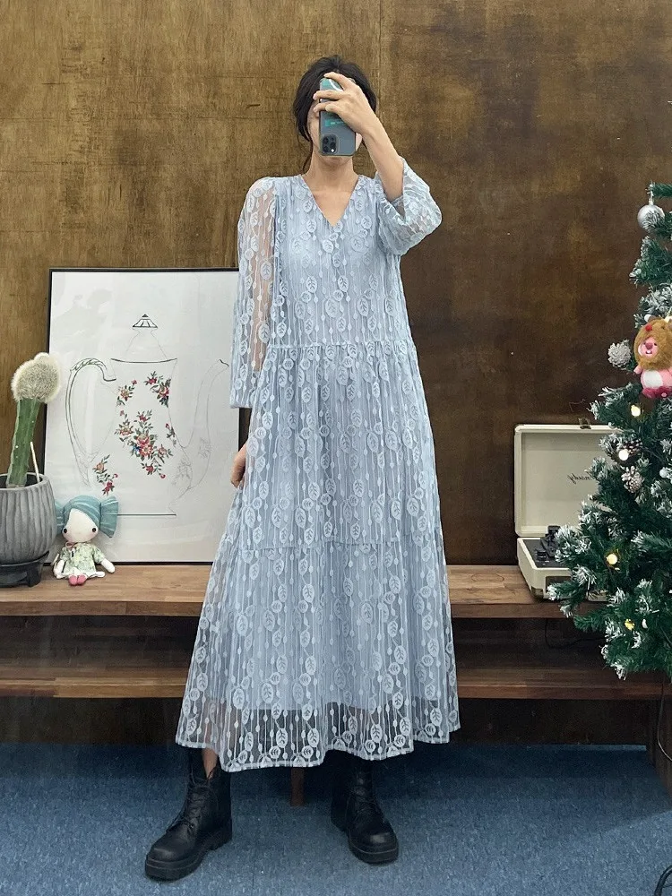 Spring Anti-Aging Elegant Heavy-Lace Hook-Design Loose Casual Knee-Length Long Dress Women's Fashion Commute Style All Seasons