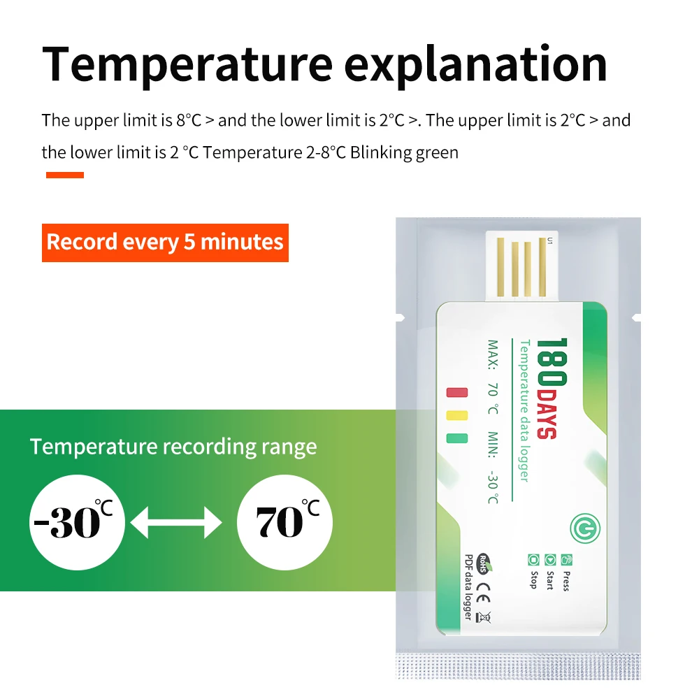 180 Days Temperature Recorder Temperature Data Logger Single Use PDF Report USB Port 60000 Points Temperature Analysator