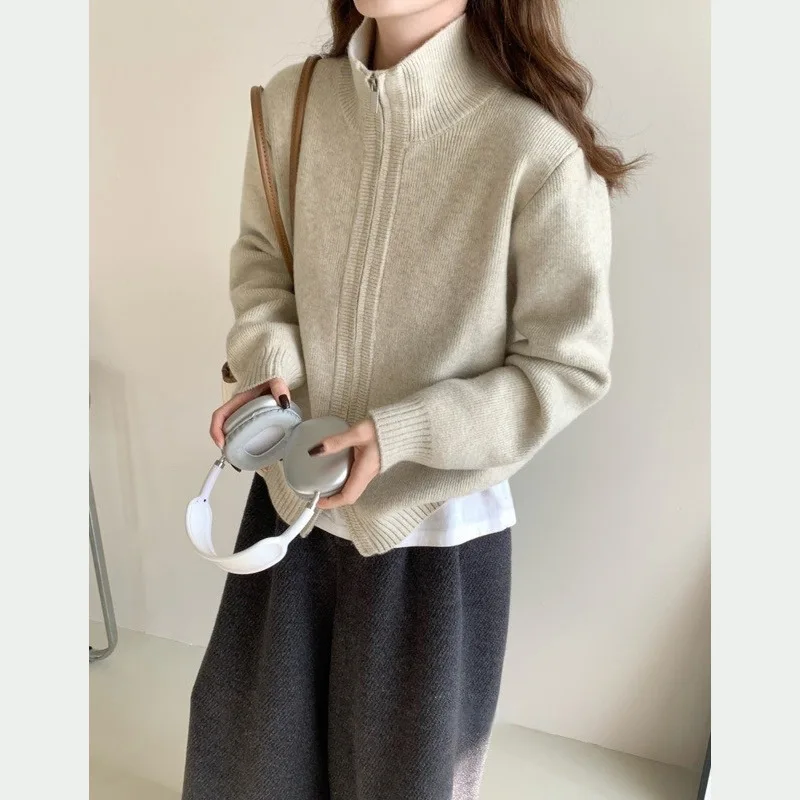 

Cardigan Women Sweaters Coats Stand Collar Zipper Jackets Jumpers Y2k Streetwear Elegant Knit Open Stith Work Autumn Winter