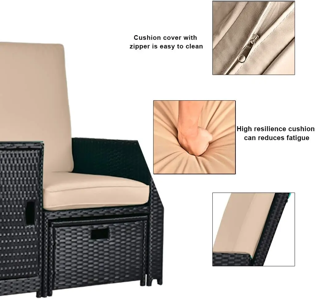 5 قطع من كرسي صالة الخيزران - كرسي صالة فناء قابل للتعديل مع مسند وطاولة قهوة، لشاطئ الفناء