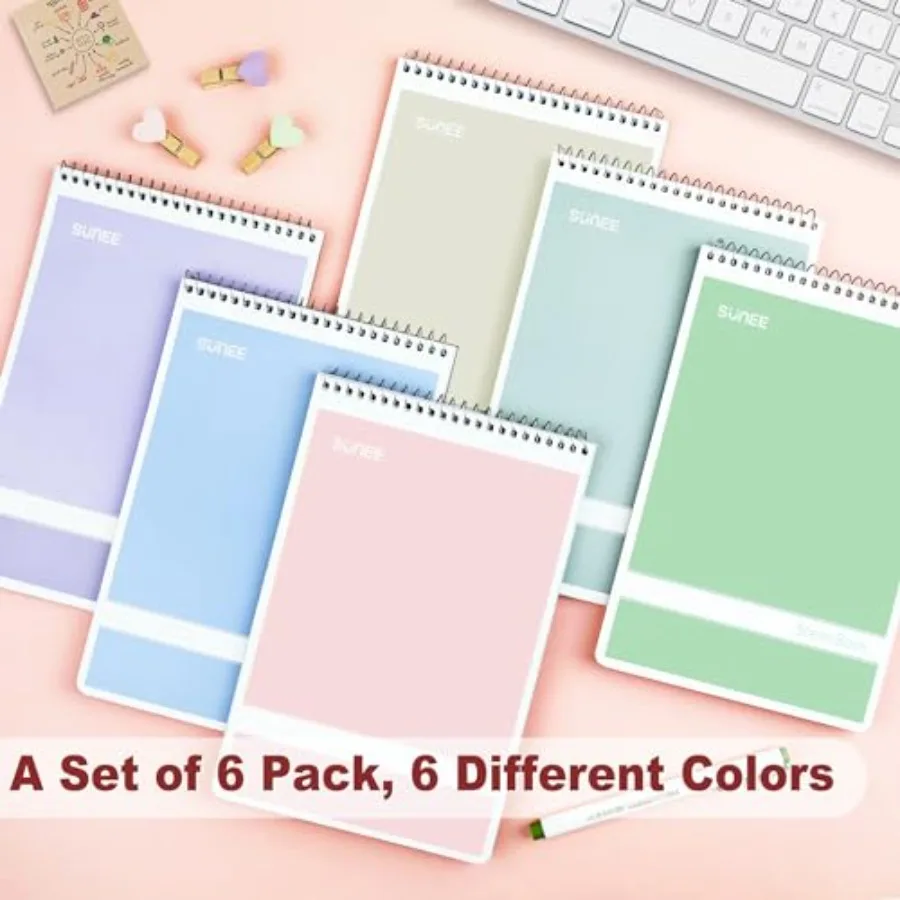 Steno Pads 6x9 6 Pack, Gregg Rule, 60 Sheets, 6 Assorted Color Spiral Notebook 6x9, White Paper, Take Notes with Top Spiral Not