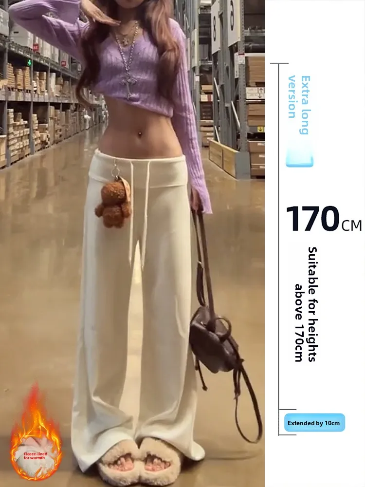 

High Waist Straight Leg Fce Lined Dstring Casual Pants for Taller Women in Beige Long And Slimming Sle for Spring Autumn