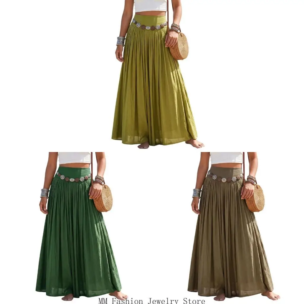 Linen Skirts for Women Maxi Pleated Skirt Maxi Long Flowy Skirt A-Line Skirts Travel Beach Resort Wear D0UB