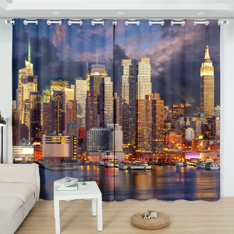 2Panel Custom cortinas City Night View Semi-blackout Printed Curtain Grommet Top Bedroom Living Room Floor Window Curtain