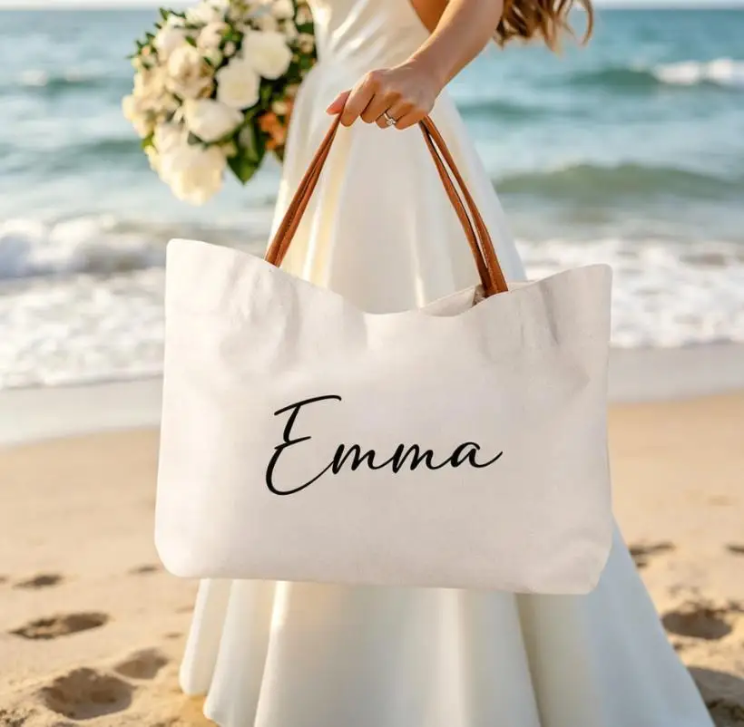 

Custom Elegant Tote Bag for Women Free Print Personalized with Initials Lightweight Canvas Shopper for Wedding Party Bridesmaid