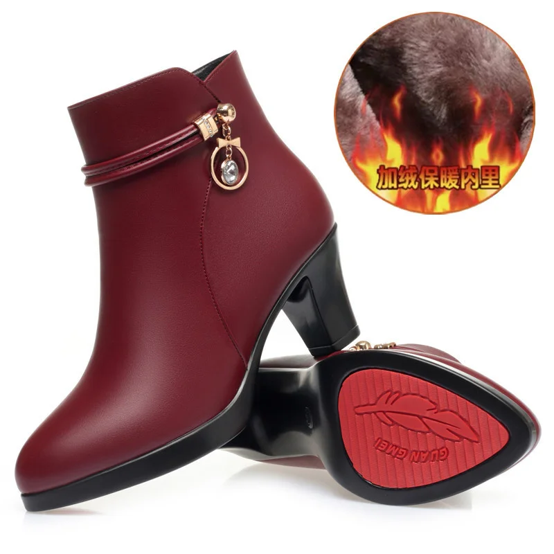 Autumn Winter New High-heeled Women\'s Thick-heeled Short Ankle Boots Versatile Non-slip High Heel Warm Plush Snow Boots