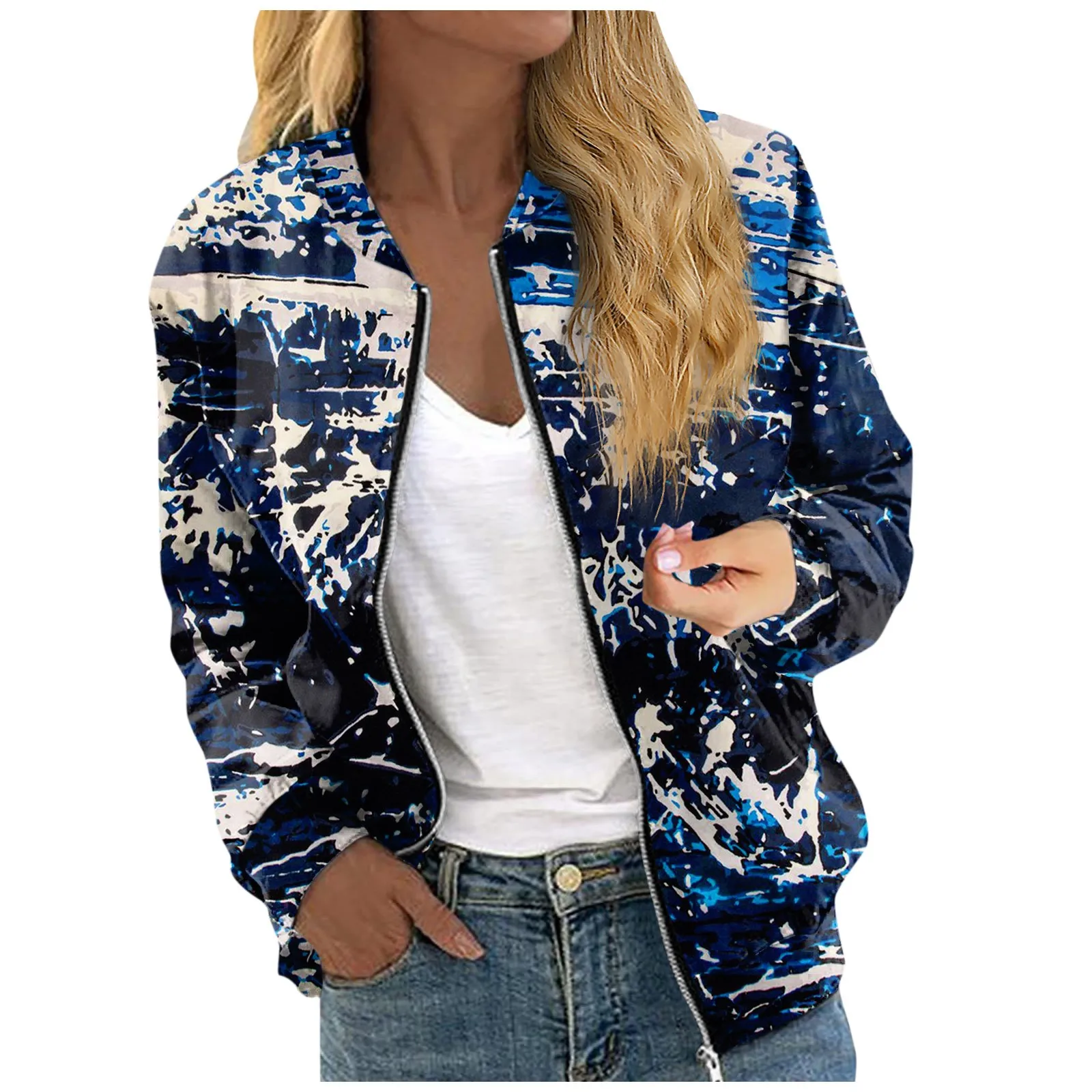Chaquetas de manga larga con cremallera para mujer, prendas de vestir con estampado Vintage, informales, acolchadas, con bolsillos, 가을자켓