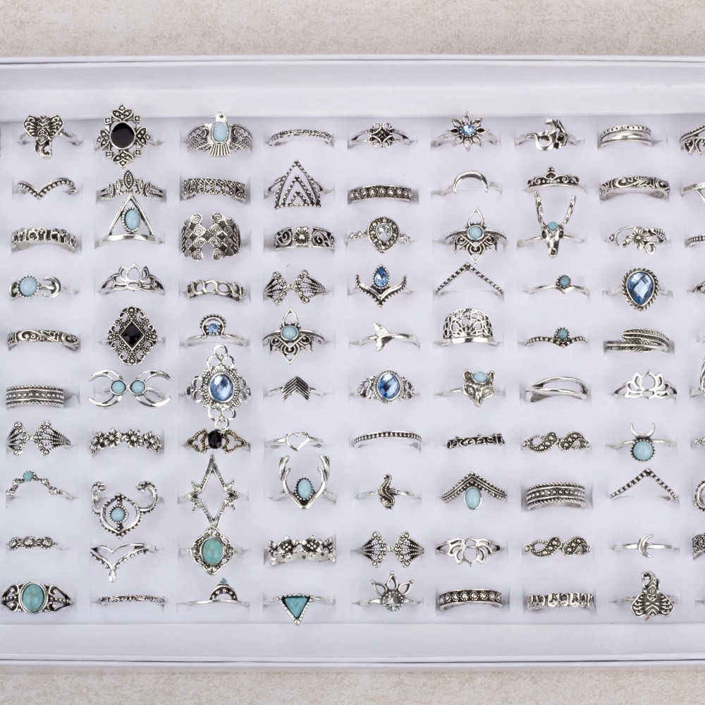 50 قطعة/الوحدة بوهيميا خمر فضي خواتم للنساء الرجال مزيج حجم تاج الفيل فراشة البنصر حزب مجوهرات هدية بالجملة