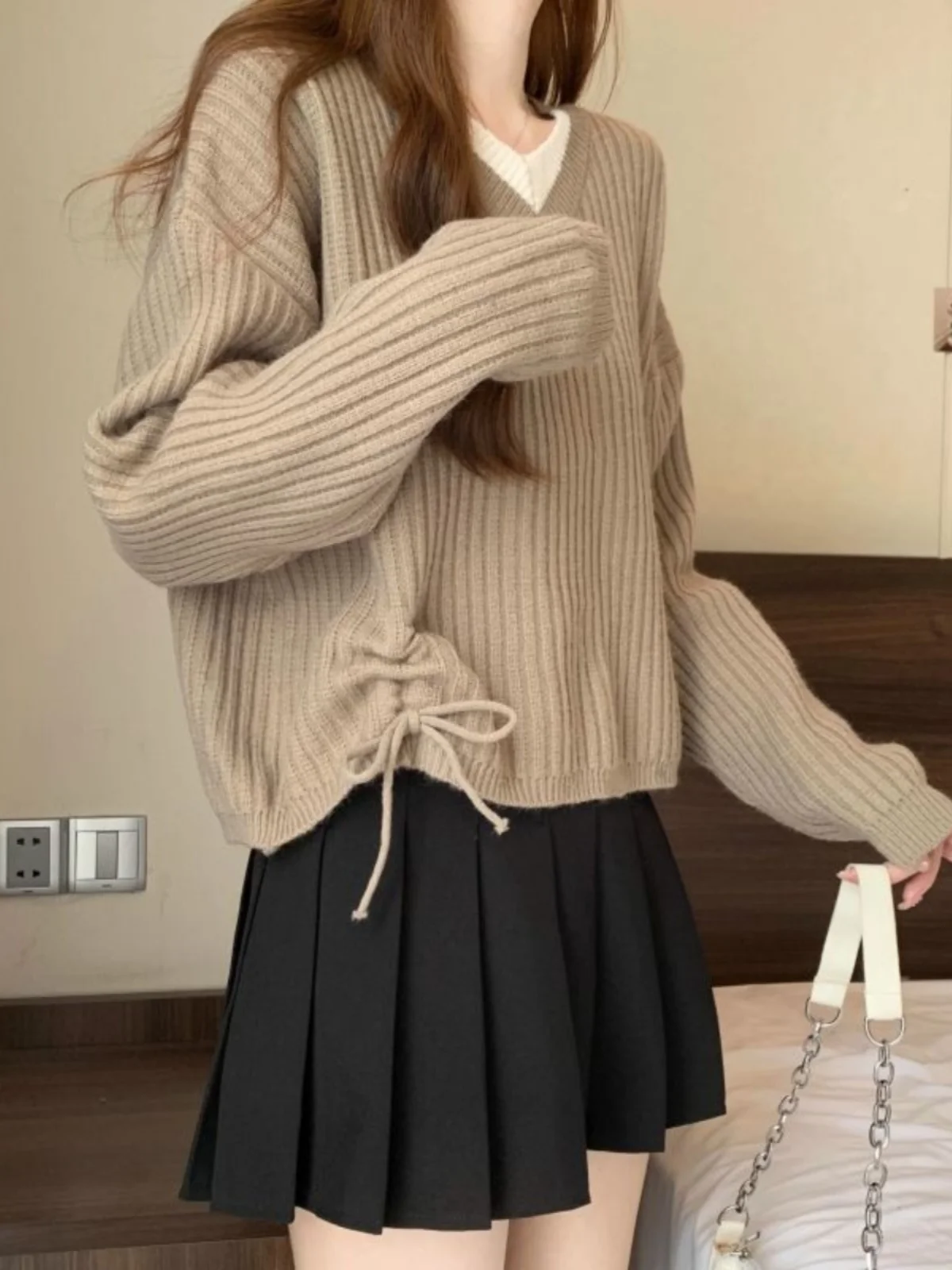 Women's V-Ne Knitted Sweater ort Loose Fit Spring Faion Korean Sle Dstring Top Slimming Design Casual Wear