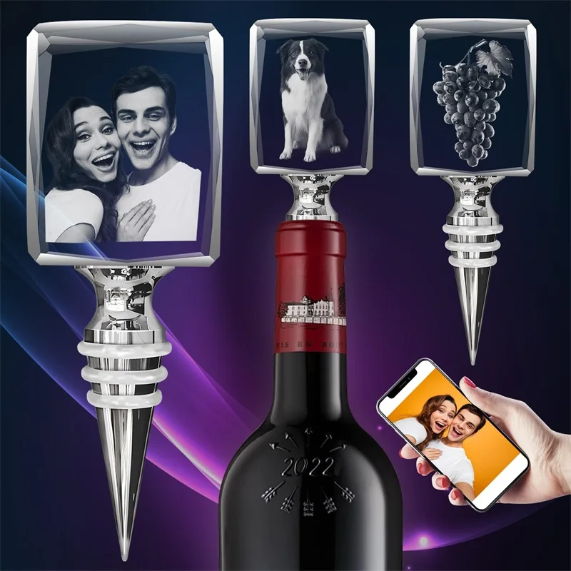

2D/3D Crystal Personalized Photo Wine Stopper 3D Crystal Custom Engraved Picture Wine Stopper Memorial Gift for Father's Day