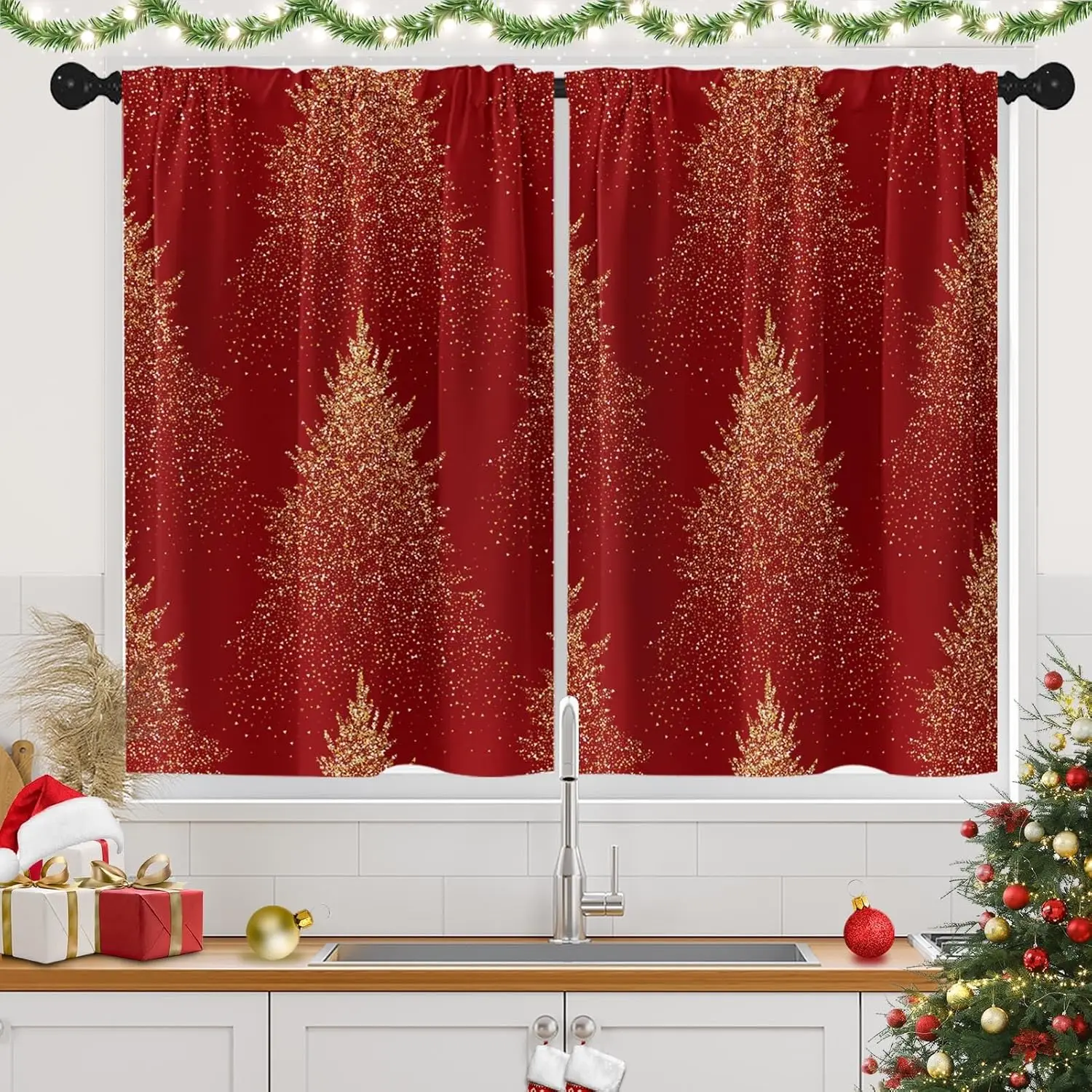 Christmas Tree Kitchen Curtains Red Window Short Tier Curtains Over Sink Set of 2, Xmas Winter Kitchen Decor living room bedroom