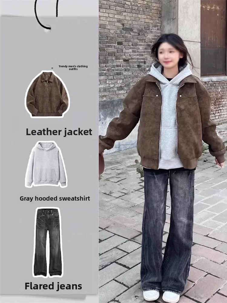 

Мужской кожаный жакет в американском ретро-стиле, коричневый, осенне-зимний, для мотоциклистов, комплект OOTD, повседневный, свободный крой