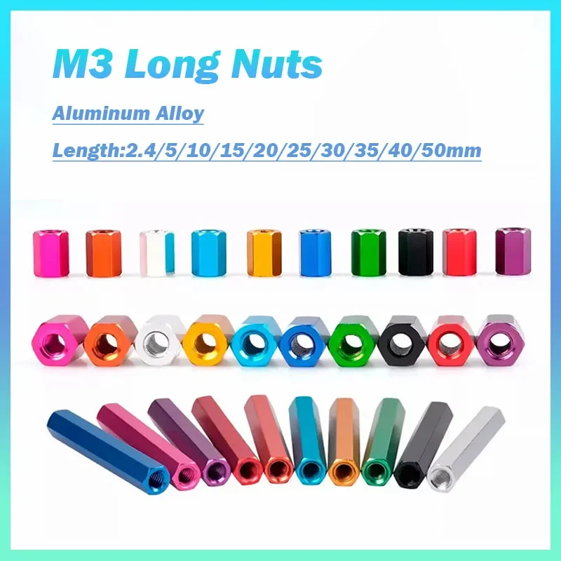 5pcs M3 Aluminum Alloy Anodised Hex Female Threaded Standoff Spacer Sleeve Rod Long Nuts Length 2.4/5/10/12/20/25/30/35/40~50mm