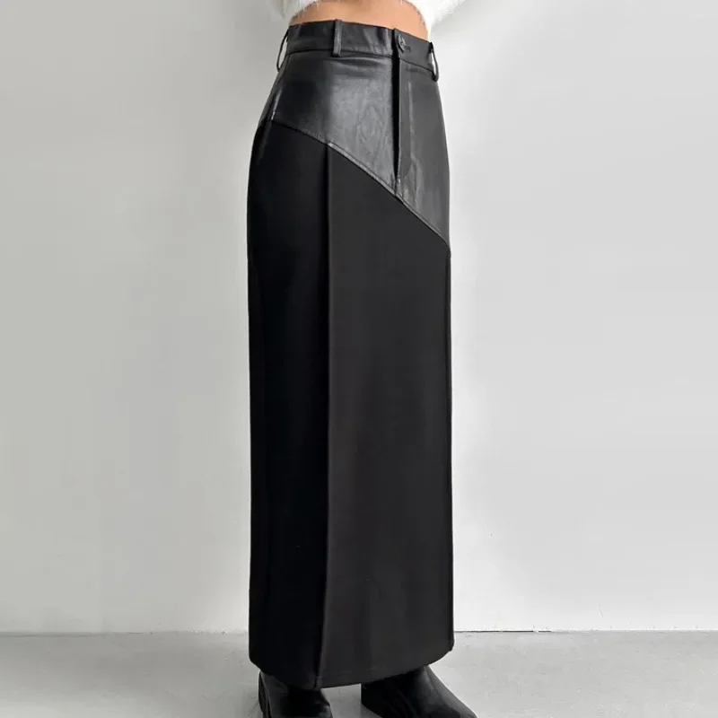 PU Leather Splicing Design Half-length Skirt Femininity Versatile High Waist Split Skirt