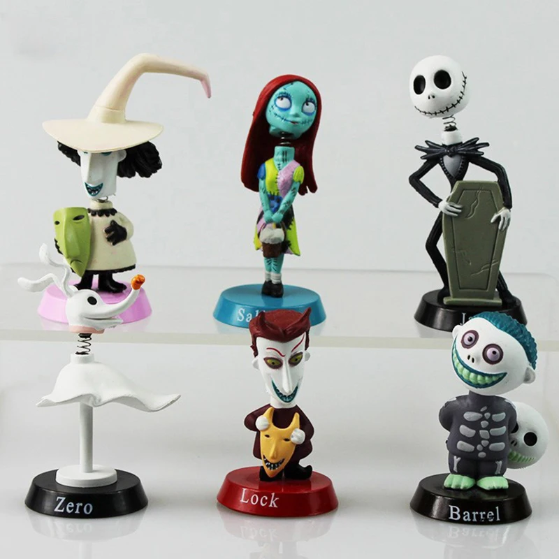 6PCS Set The Nightmare Before Christmas Action Figure Toys Jack Skellington Sally Finkelstein Lock Barrel Shaking Head PVC Doll