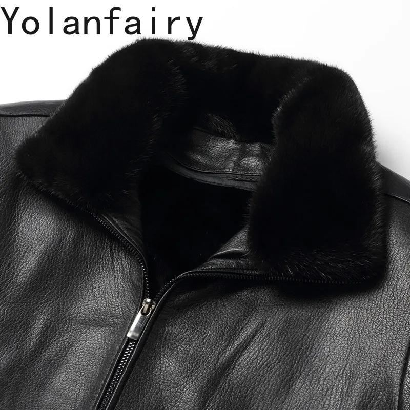YOLANFAIRY Real Goatskin Genuine Leather Jacket Men Winter Luxury Mink Fur Liner Coat Man Clothing Lapel Short Real Fur Coats