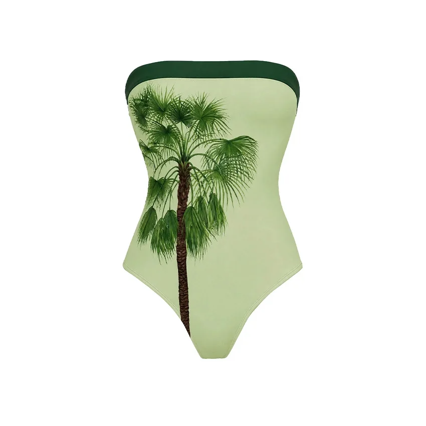 Women's One-Piece Swimsuit Palm Tree Print Swimwear Bandeau New Bathing Suit Beach Wrap Skirt Set Beachwear