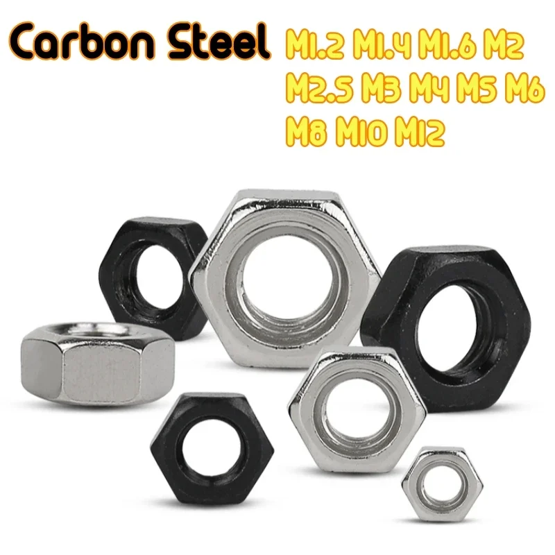 5-200pcs M1.2 M1.4 M1.6 M2 M2.5 M3 M4 M5 M6 M8 M10 M12 Carbon Steel White Zinc Black Zinc Hex Hexagon Nut Fasteners Customizable