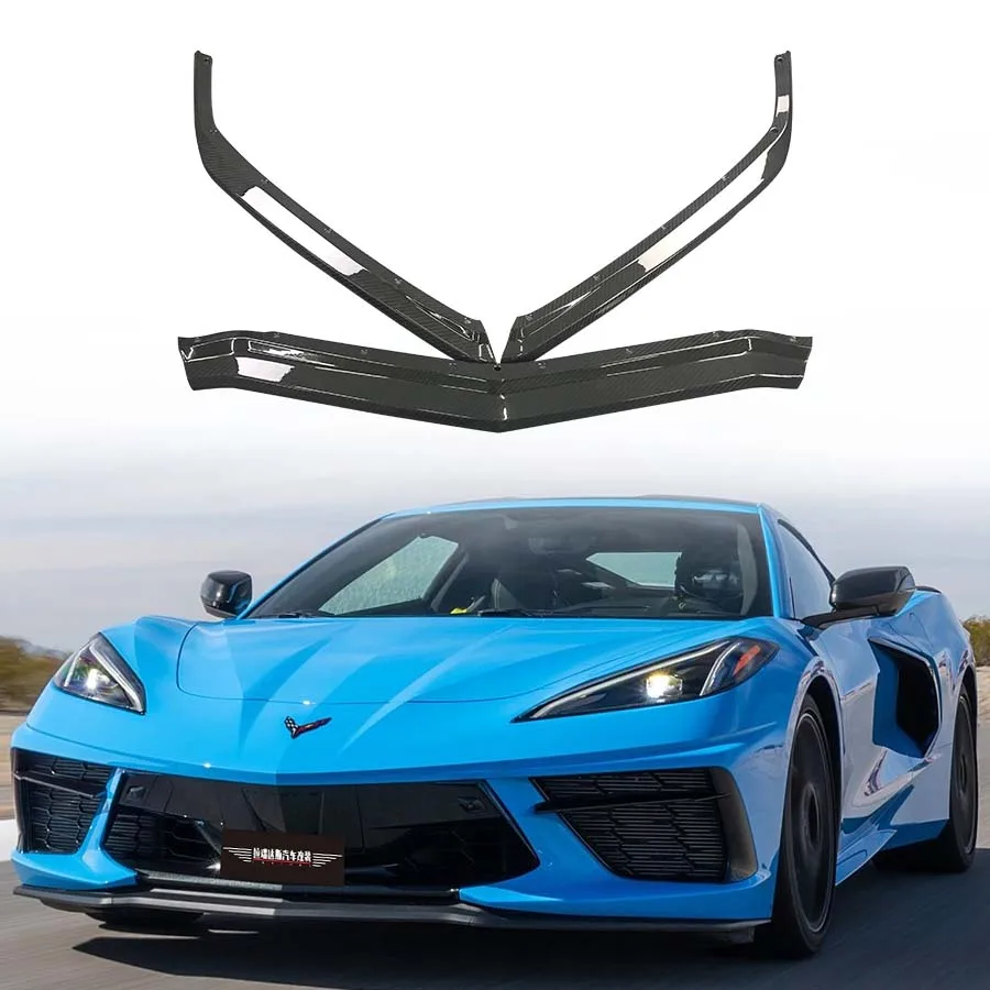 Dry Carbon Fiber Three Piece Front Splitters For Chevrolet Corvette C8 Chin Spoilers Front Lip Accessories Body Kit