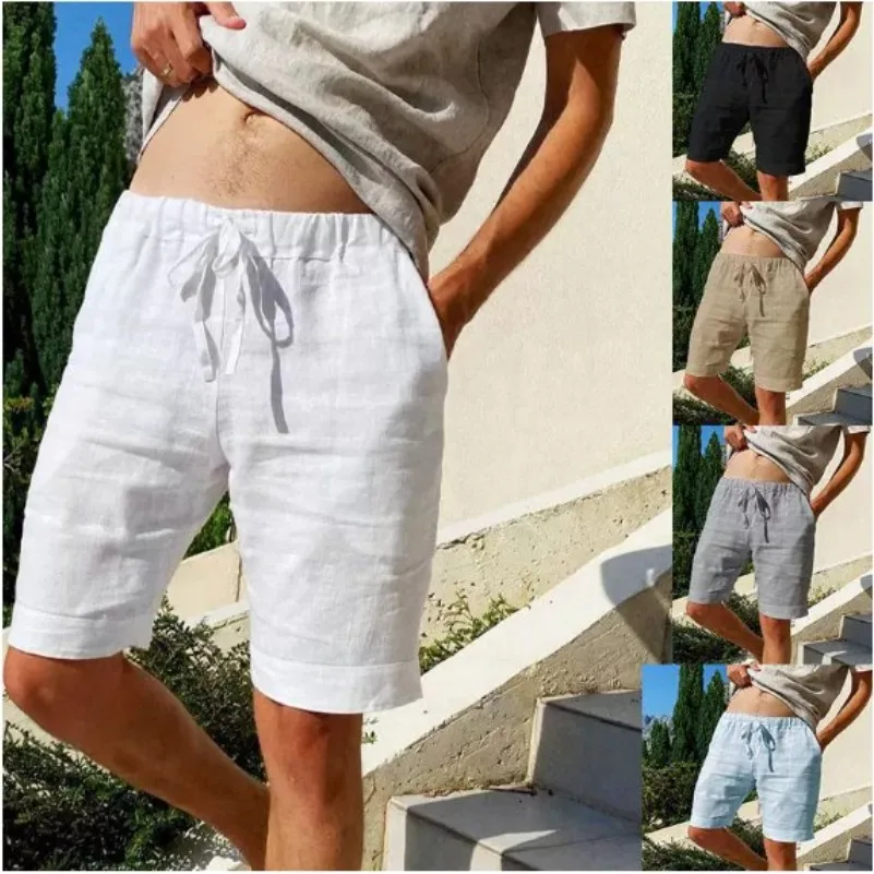 

Summer New Men's Cotton Linen Breathable Shorts Hawaii Beach Pants Male Solid Color Trousers Loose Versatile Streetwear