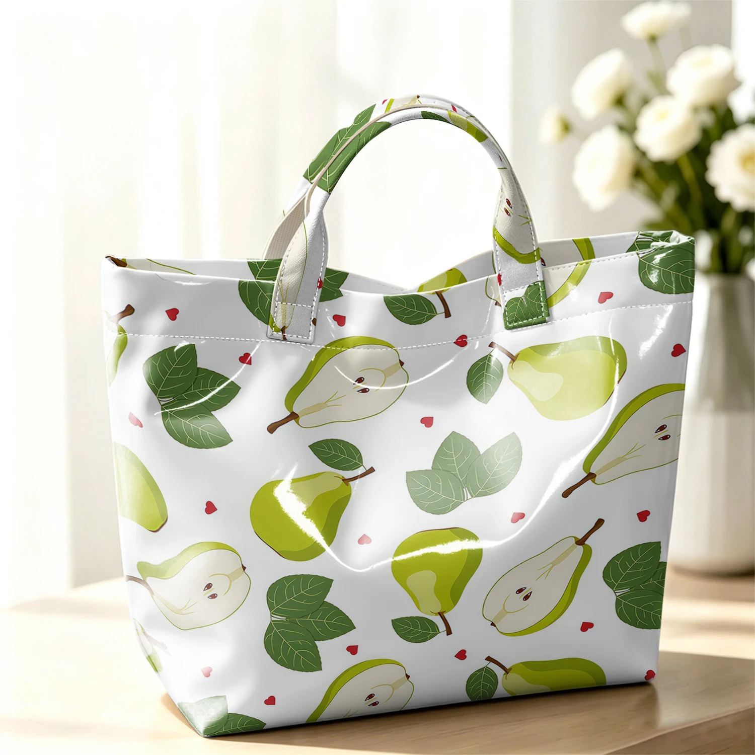 Bolsa de Mano Grande de PVC Brillante Verde Pera, Resistente al Agua y Lavable a Mano, Ideal para Viajes, Maquillaje y Almacenamiento