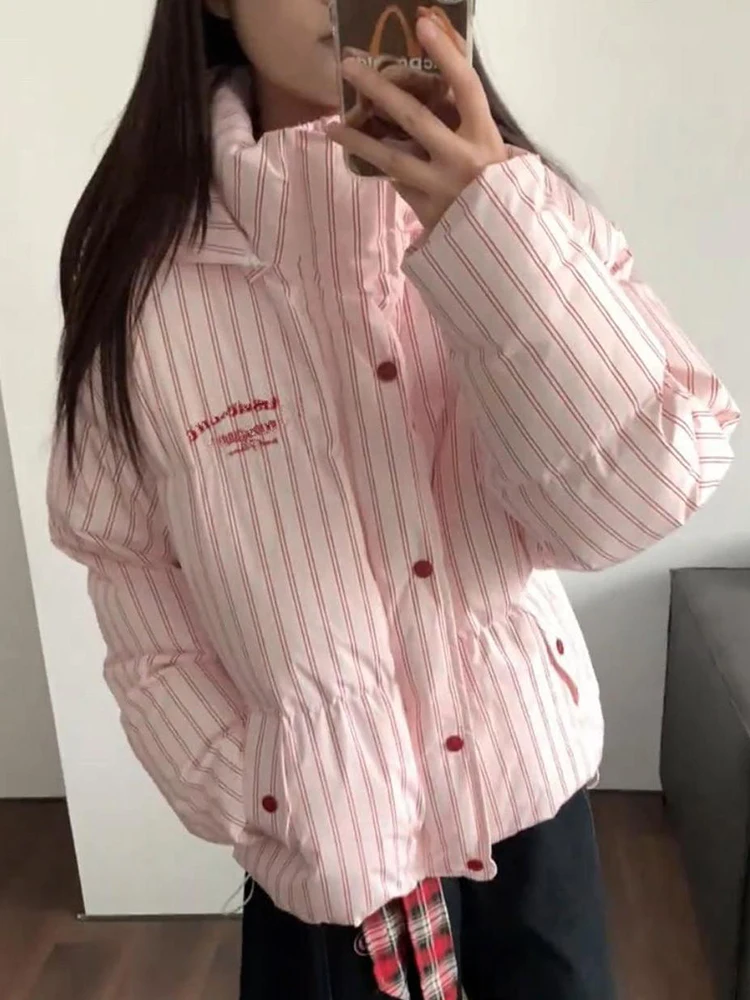 Vintage Gestreiften Brief Parkas Frauen Lose Winter Warme Hip Hop Puffy Mantel Amerikanischen Casual Stehkragen Harajuku Dicke Jacke Neue