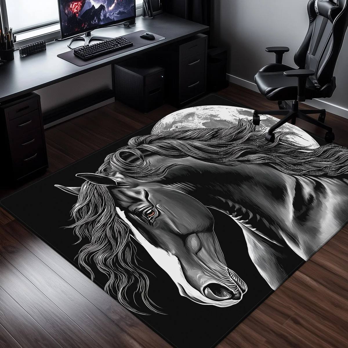 

Бархатный ковер с лошадью, луной и небом, черный, белый цвет, художественный дизайн, коврик для спальни, офиса, конный декор, уникальный домашний акцент