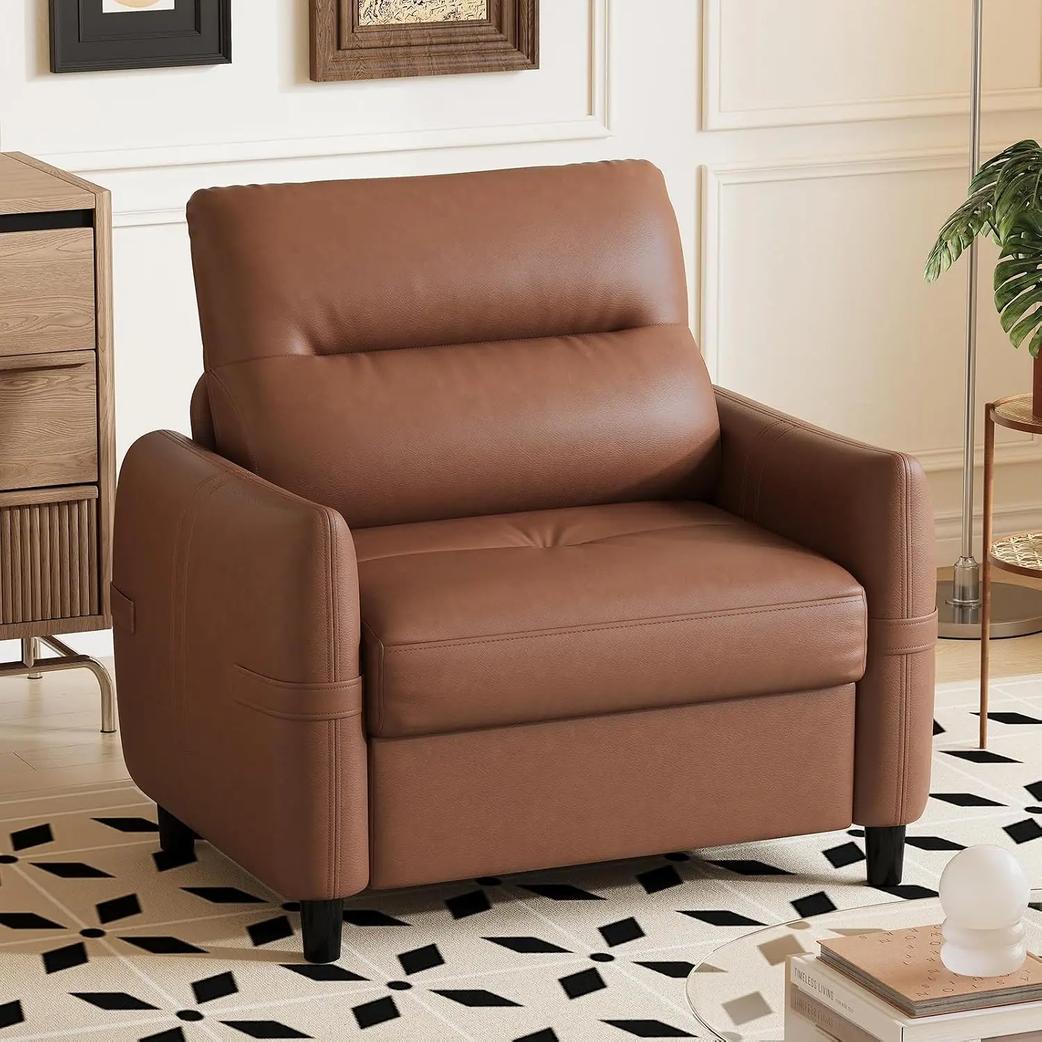 Leather Accent Chair, Oversized Deep Seat Armchair, Mid-Century Modern Reading Chair for Living Room, Bedroom or Office