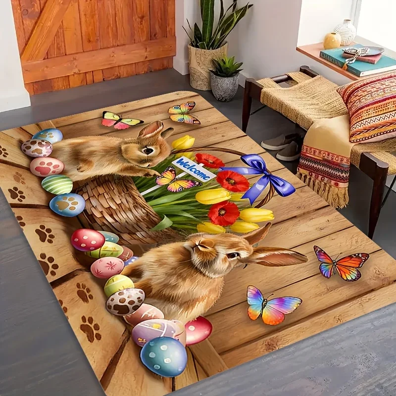 1pc Easter Bunny & Eggs Welcome Area Rug, Farmhouse Wood‑grain Background With Basket Floral, Tulip And Butterfly Print